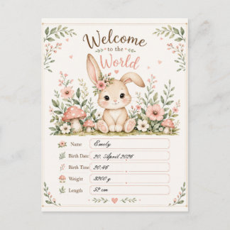 Sweet Baby Bunny Design with Birth Details Fields Holiday Postcard