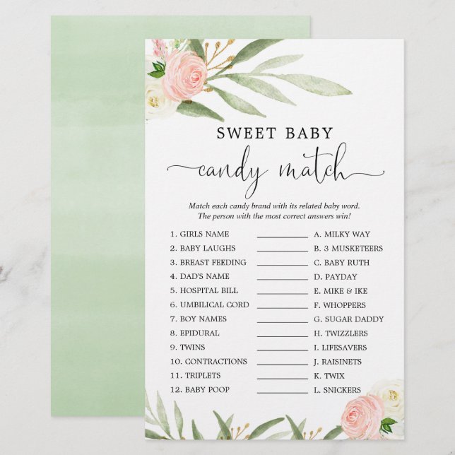 Sweet baby candy match shower game pink greenery (Front/Back)