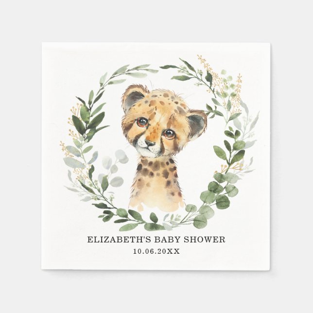 Sweet Baby Cheetah Botanical Greenery Gold Shower Napkins (Front)
