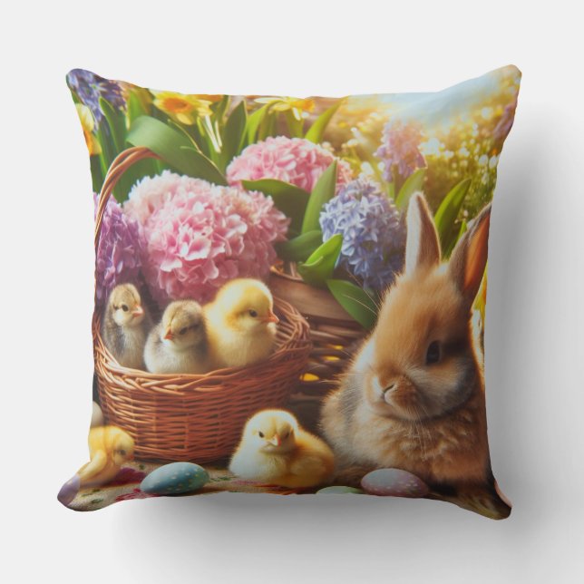 Sweet Baby Chicks and Easter Bunny in Garden  Throw Pillow (Front)