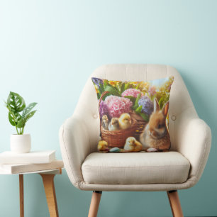 Sweet Baby Chicks and Easter Bunny in Garden  Throw Pillow