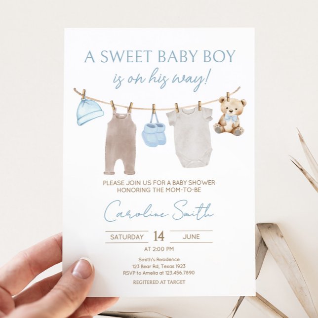 Sweet Baby Clothesline Baby Shower Invitation (Sweet Baby Boy Clothesline Baby Shower Invitation)
