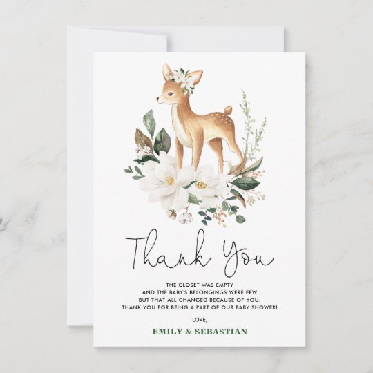 Sweet Baby Deer Ivory Floral Greenery Shower Thank You Card | Zazzle.com