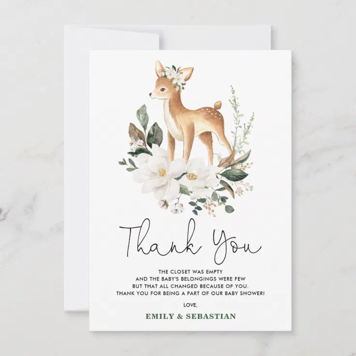 Sweet Baby Deer Ivory Floral Greenery Shower Thank You Card | Zazzle