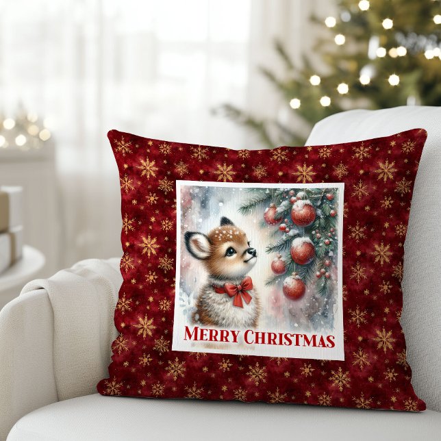 Sweet baby deer snowy forest festive scene kids  throw pillow (Sweet baby deer snowy forest festive scene kids decor)