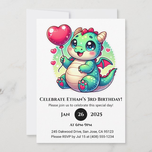 Sweet Baby Dragon with Heart Balloon Birthday Invitation (Front)