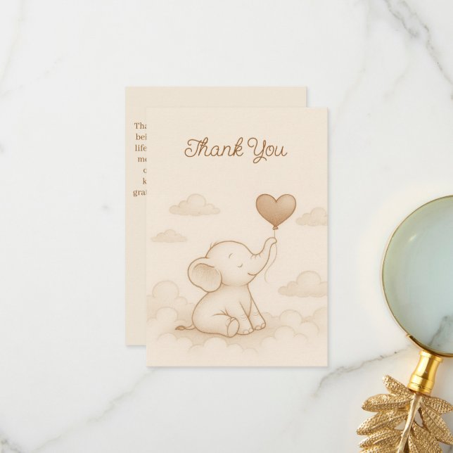 Sweet Baby Elephant Baby Shower Thank You Card (Front/Back In Situ)