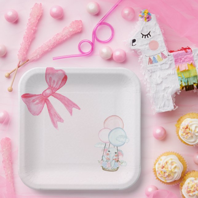 Sweet Baby Elephant Balloon – Pastel Baby Shower  Paper Plates (Party)