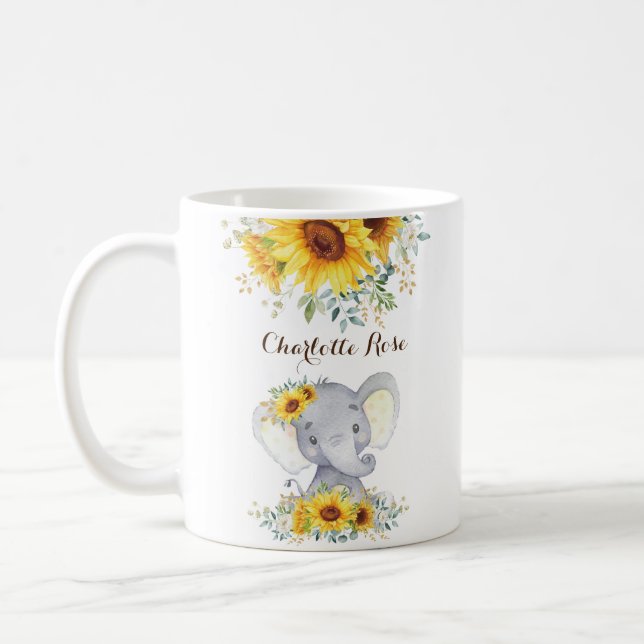 Sweet Baby Elephant Boho Watercolor Sunflowers Coffee Mug (Left)