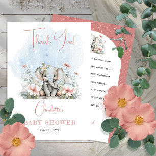 Sweet Baby Elephant Girl Floral Pink Baby Shower Thank You Card