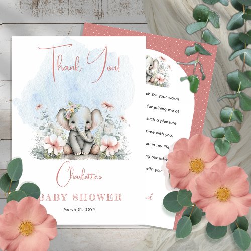 Sweet Baby Elephant Girl Floral Pink Baby Shower  Thank You Card
