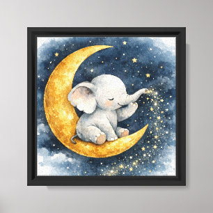 Sweet Baby Elephant on Moon Watercolor Nursery Wal Canvas Print