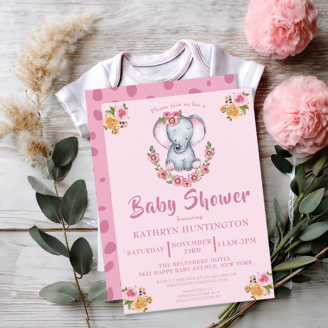 Sweet Baby Elephant Pink Boho Floral Baby Shower Invitation (CUTE PINK BABY ELEPHANT FLORAL SAFARI BABY SHOWER INVITATION)