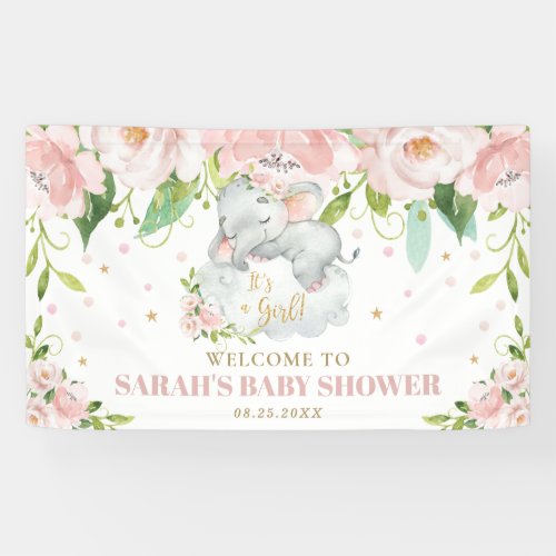 Sweet Baby Elephant Pink Floral Backdrop Welcome Banner
