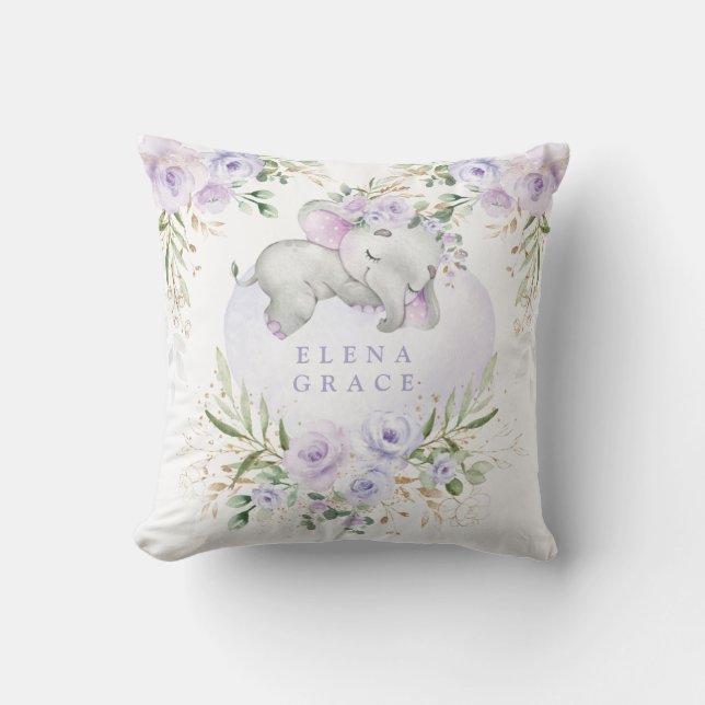 Sweet Baby Elephant Purple Floral Greenery Nursery Throw Pillow (Front)