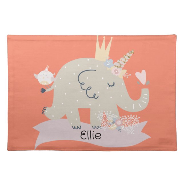 Sweet Baby Elephant Unicorn Custom Name    Cloth Placemat (Front)