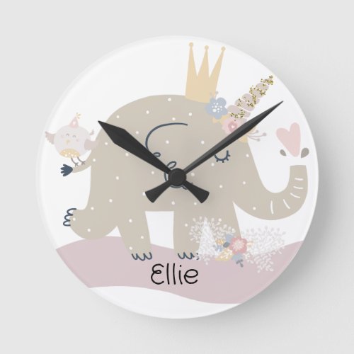 Sweet Baby Elephant Unicorn Custom Name   Round Clock