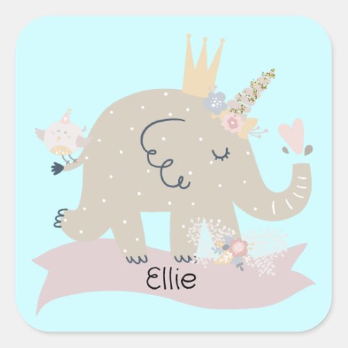 Sweet Baby Elephant Unicorn Custom Name    Square Sticker