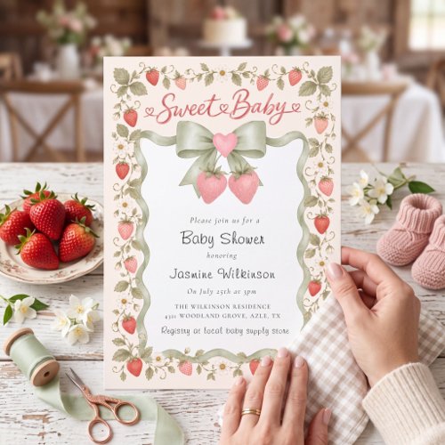 sweet baby Farmhouse Strawberry Baby Shower Invite