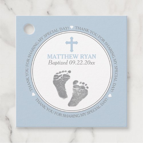 Sweet Baby Footprints Blue  Gray Baptism for Boy Favor Tags