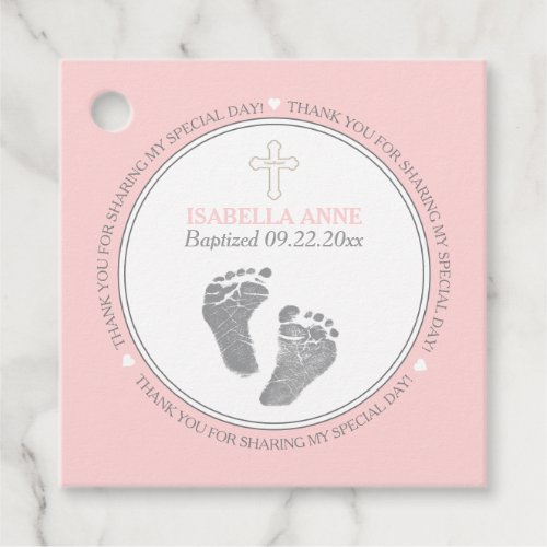 Sweet Baby Footprints Pink  Gray Baptism for Girl Favor Tags