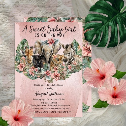 Sweet Baby Girl Animals Tropical Safari Shower  Invitation