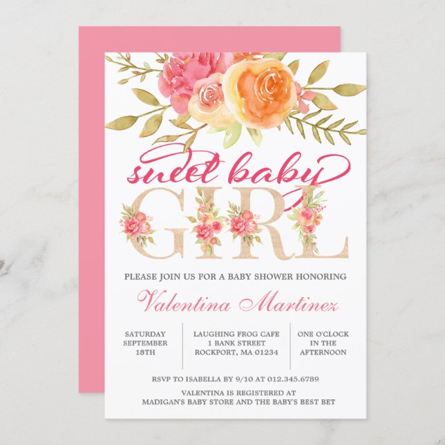 Sweet Baby Girl Autumn Pink Floral Baby Shower Invitation (Front/Back)