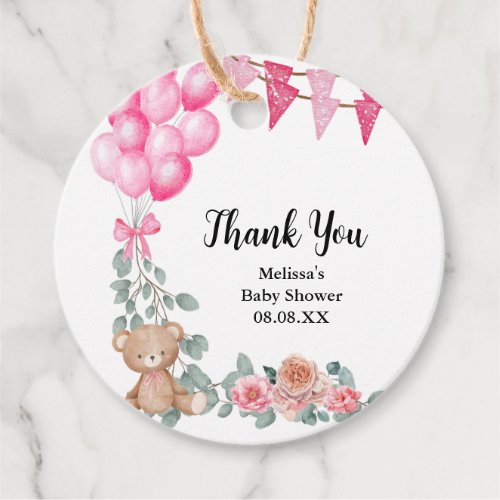 Sweet Baby Girl Bear Pink Balloon Eucalyptus Favor Tags