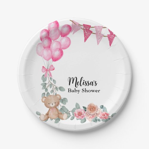 Sweet baby girl bear pink balloon Eucalyptus  Paper Plates