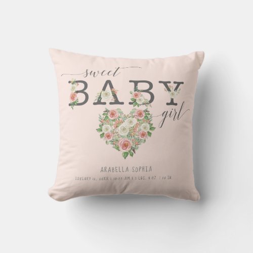 Sweet Baby Girl  Birth Stats Heart Blush Floral Throw Pillow