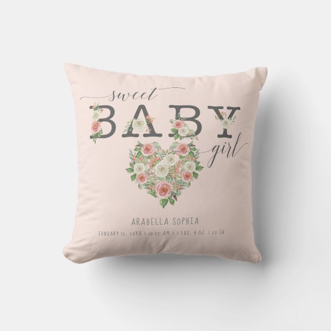 Sweet Baby Girl | Birth Stats Heart Blush Floral Throw Pillow (Front)