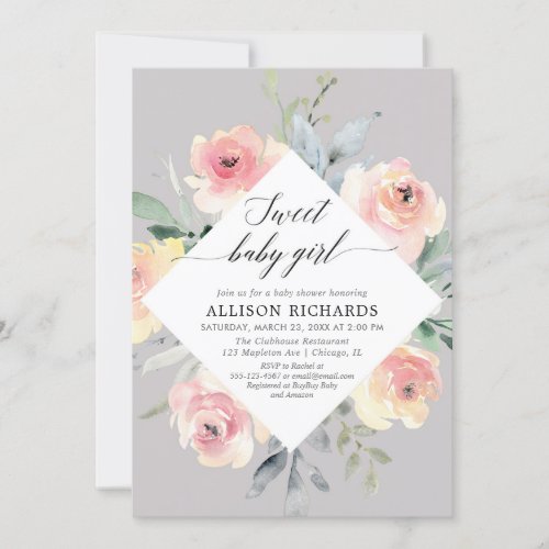 Sweet baby girl blush grey floral baby shower invitation