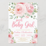 Sweet baby girl blush pink and gold baby shower invitation