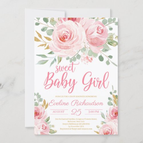 Sweet baby girl blush pink and gold baby shower invitation