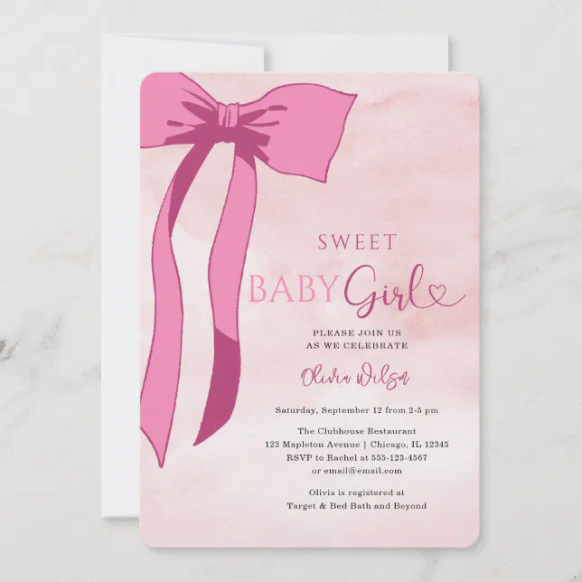 Sweet Baby Girl Blush Pink Bow Baby Shower Invitation | Zazzle