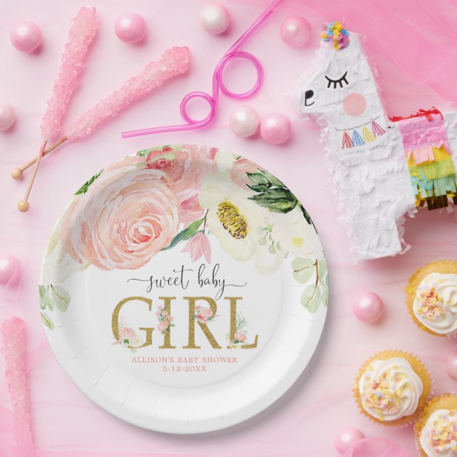 Sweet baby girl blush pink floral baby shower paper plates (Party)