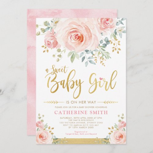 Sweet Baby Girl Blush Pink Gold Floral Baby Shower Invitation