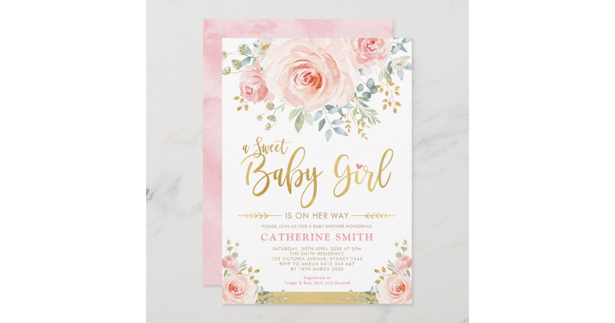 Sweet Baby Girl Blush Pink Gold Floral Baby Shower Invitation Zazzle Com