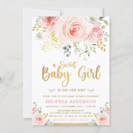 Sweet Baby Girl Blush Pink Gold Floral Baby Shower Invitation