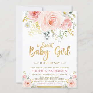 Sweet Baby Girl Blush Pink Gold Floral Baby Shower Invitation