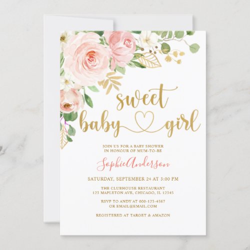 Sweet Baby Girl Blush Rose Gold Floral Baby Shower Invitation