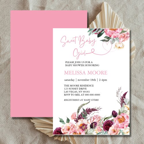 Sweet baby girl boho burgundy pink blush floral invitation