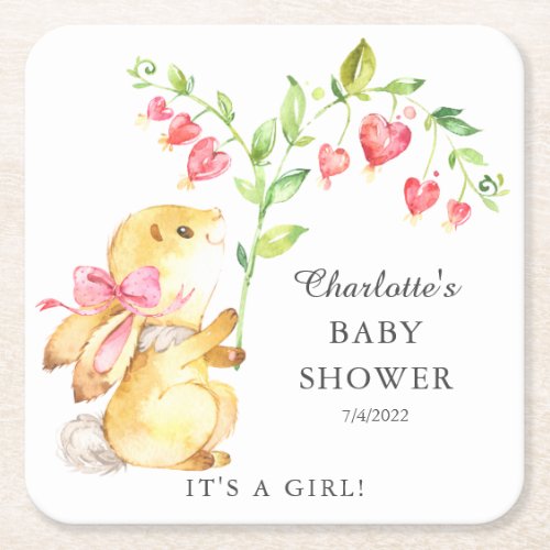 Sweet Baby Girl Bunny Baby Shower  Square Paper Coaster