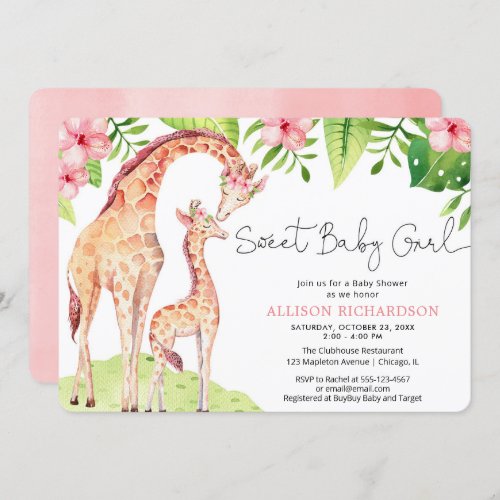 Sweet Baby Girl cute giraffe safari baby shower Invitation