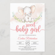 Sweet baby girl elephant and greenery baby shower invitation