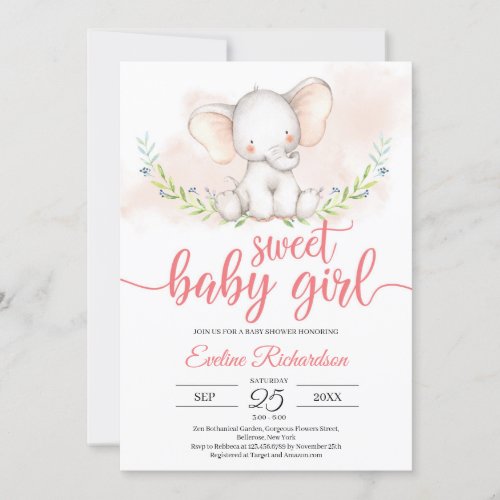 Sweet baby girl elephant and greenery baby shower invitation