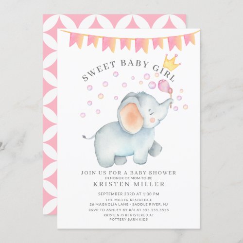 Sweet Baby Girl Elephant Baby Shower Invitation