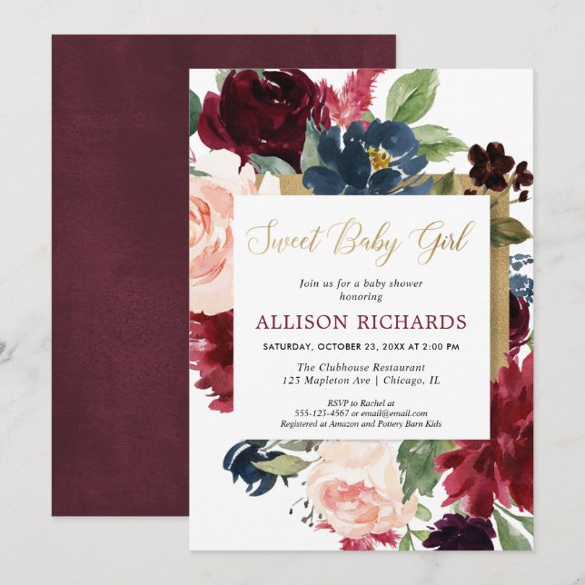 Sweet baby girl fall floral blush burgundy gold invitation (Front/Back)