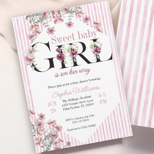 Sweet baby Girl floral letters watercolor stripes Invitation