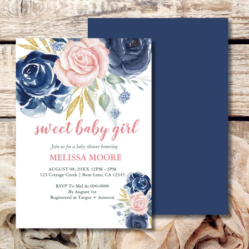 Sweet baby girl floral navy blue pink baby shower invitation